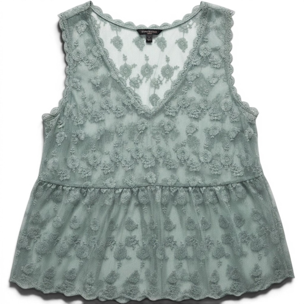 Torrid Womens Plus 2 Sage Green Floral Embroidered Mesh Peplum V-Neck Tank Top